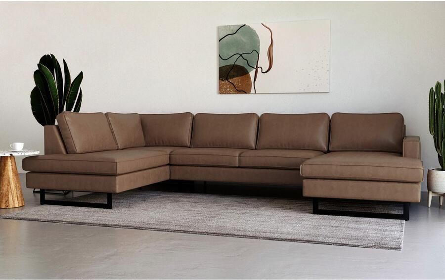 Places of Style Zithoek Pinto 350 cm U-vorm XXL met ottomanen Cord chenille leerlook met bies metalen voeten golfondersteuning - Foto 4