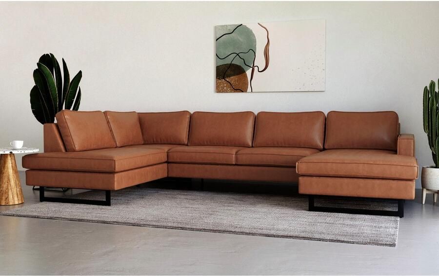 Places of Style Zithoek Pinto 350 cm U-vorm XXL met ottomanen Cord chenille leerlook met bies metalen voeten golfondersteuning - Foto 4