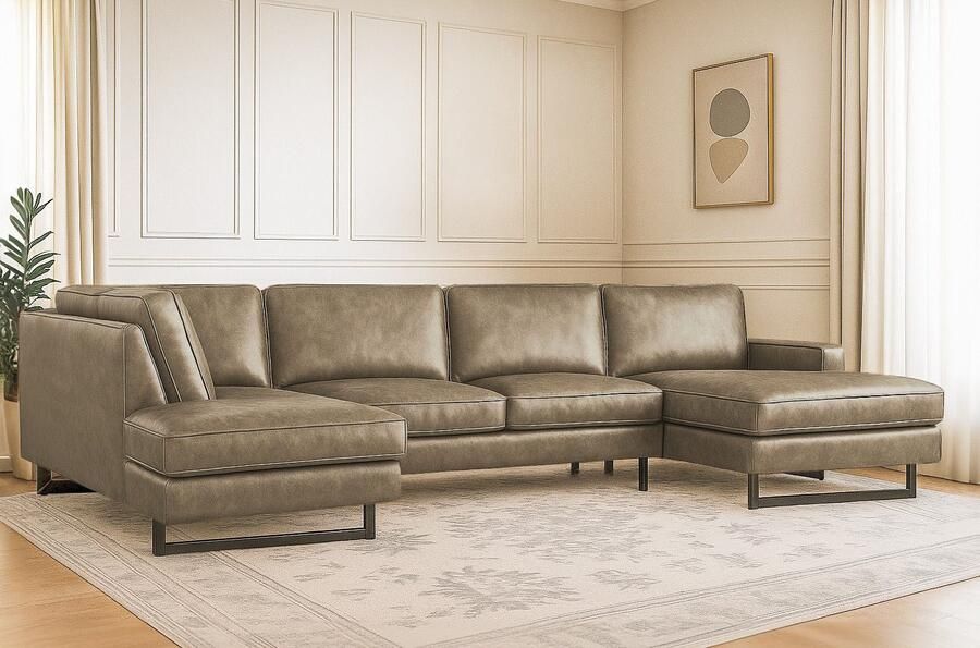 Places of Style Zithoek Pinto 350 cm U-vorm XXL met ottomanen Cord chenille leerlook met bies metalen voeten golfondersteuning - Foto 3