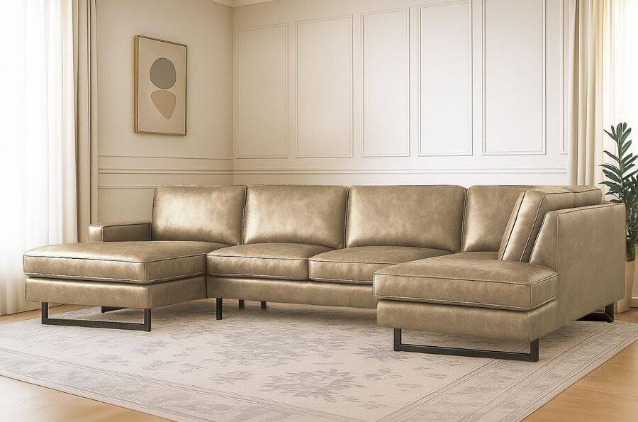 Places of Style Zithoek Pinto 350 cm U-vorm XXL met ottomanen Cord chenille leerlook met bies metalen voeten golfondersteuning - Foto 3