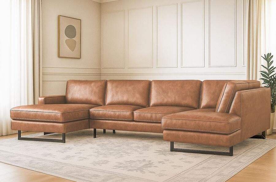 Places of Style Zithoek Pinto 350 cm U-vorm XXL met ottomanen Cord chenille leerlook met bies metalen voeten golfondersteuning - Foto 3