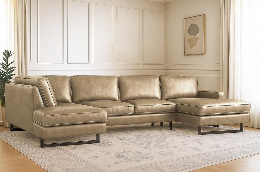 Places of Style Zithoek Pinto 350 cm U-vorm XXL met ottomanen Cord chenille leerlook met bies metalen voeten golfondersteuning - Foto 3