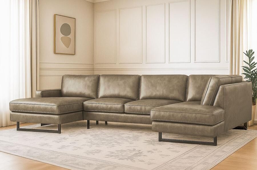 Places of Style Zithoek Pinto 350 cm U-vorm XXL met ottomanen Cord chenille leerlook met bies metalen voeten golfondersteuning - Foto 3