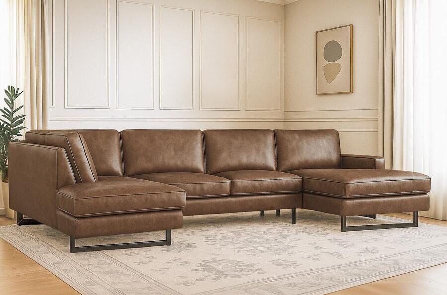 Places of Style Zithoek Pinto 350 cm U-vorm XXL met ottomanen Cord chenille leerlook met bies metalen voeten golfondersteuning - Foto 3