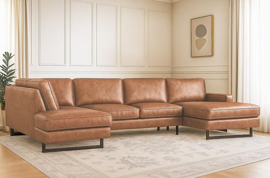 Places of Style Zithoek Pinto 350 cm U-vorm XXL met ottomanen Cord chenille leerlook met bies metalen voeten golfondersteuning - Foto 3