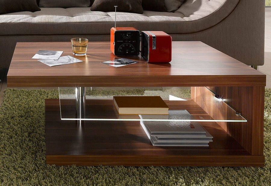 PRO Line Salontafel van hout met plank van glas met wieltjes rechthoekig