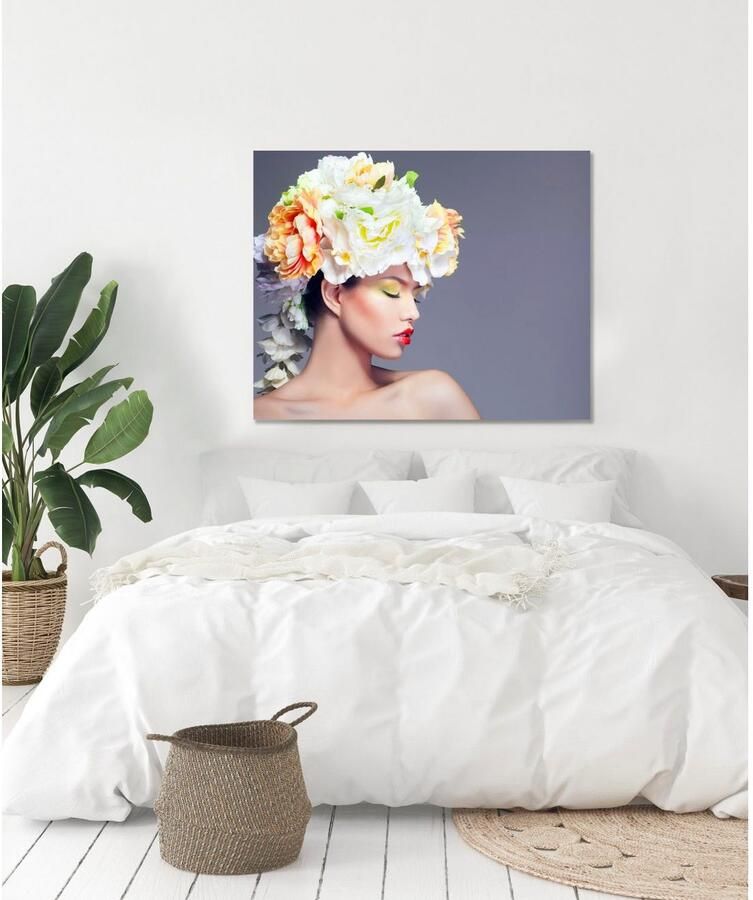 Queence Artprint op acrylglas Vrouw met bloemenhoed Fine Art-print in galeriekwaliteit - Foto 2