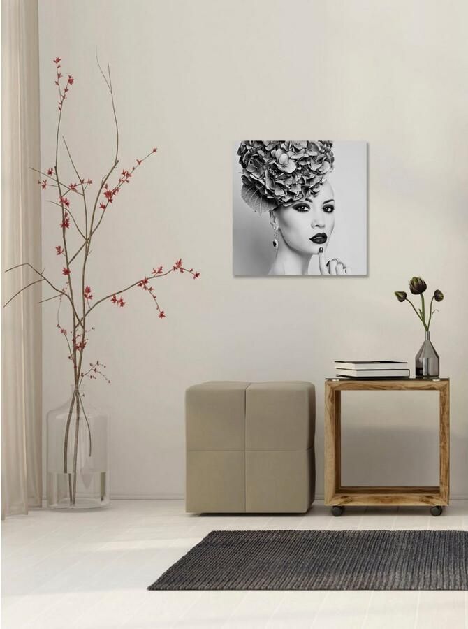 Queence Artprint op acrylglas Vrouw met bloemenhoed Fine Art-print in galeriekwaliteit - Foto 3