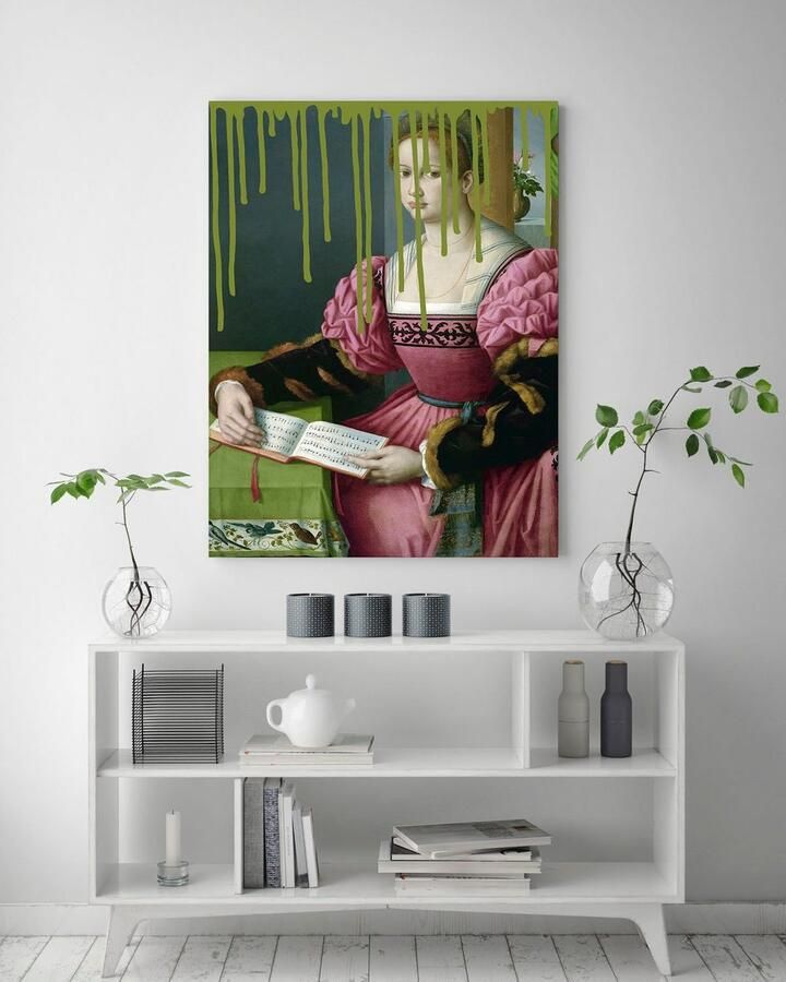 Queence Artprint op acrylglas Vrouw met boek en kleurvlek Fine Art-print in galeriekwaliteit - Foto 3
