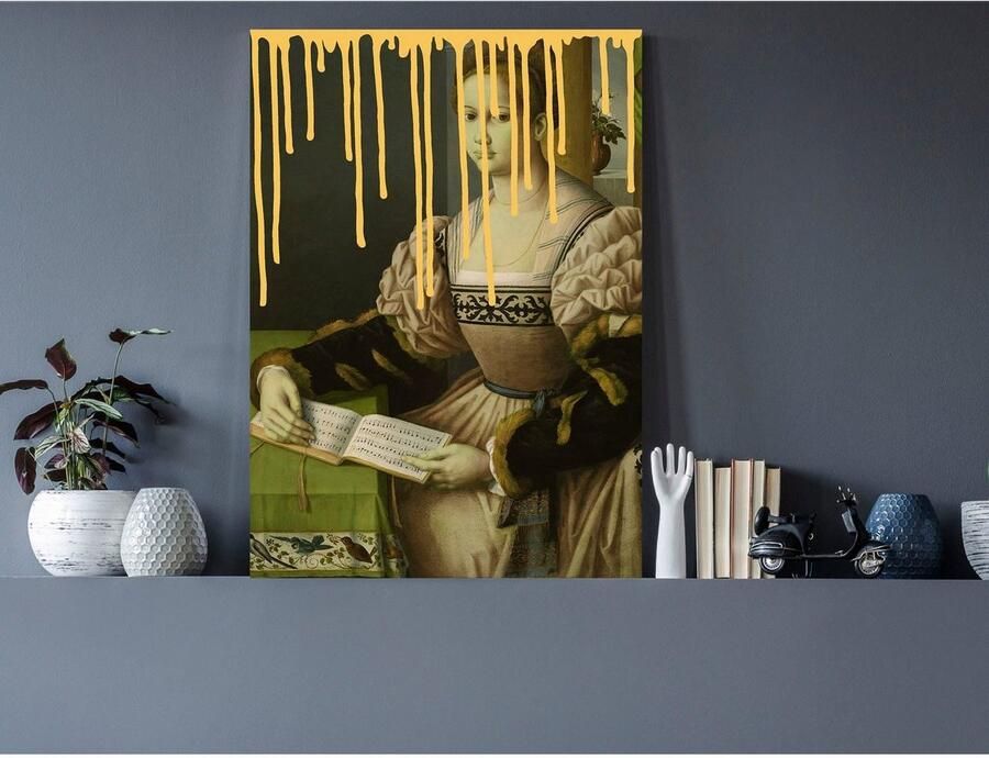Queence Artprint op acrylglas Vrouw met boek en kleurvlek Fine Art-print in galeriekwaliteit - Foto 3