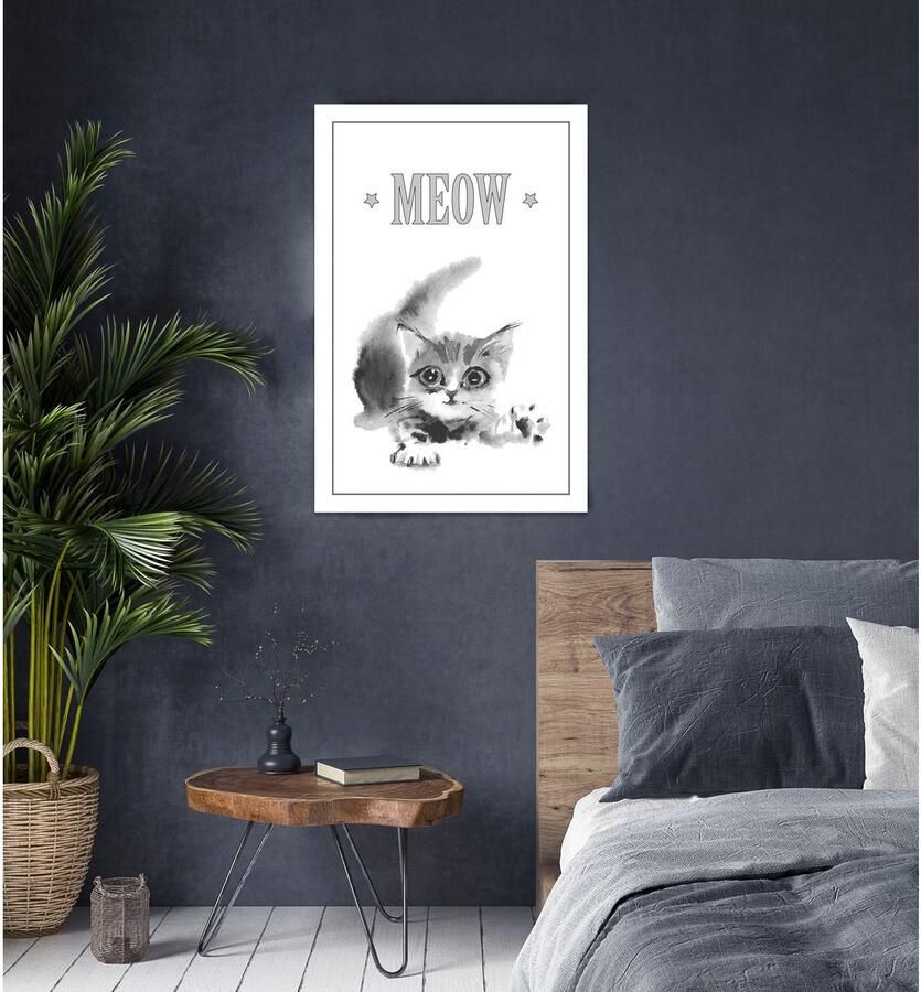 Queence Artprint op linnen Kat MEOW Premium canvasstof handgemaakt in Duitsland