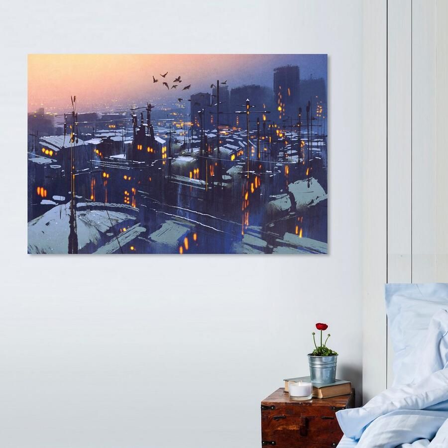 Queence Artprint op linnen Stad 's nachts Premium canvasstof handgemaakt in Duitsland - Foto 2