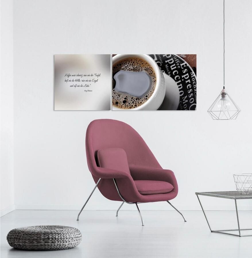 Queence Artprint op linnen Zwarte koffie Premium canvasstof handgemaakt in Duitsland citaat 2-delige set (set)
