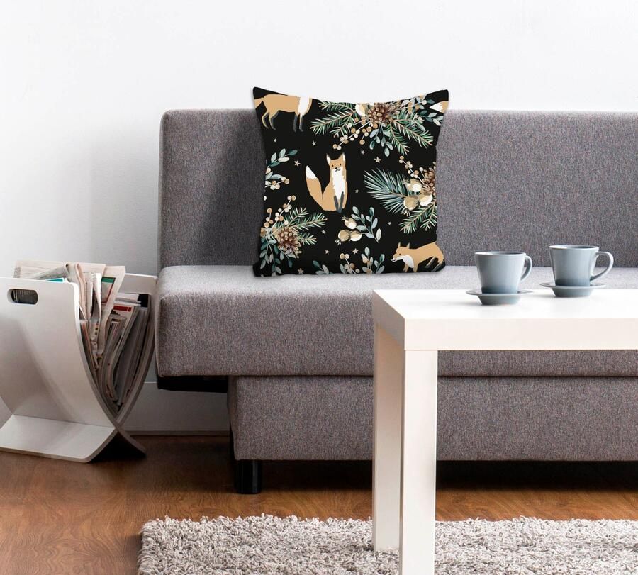 Queence Sierkussen Alice Kussenhoes vossen dier dierenmotief bloemen zwart minimalistisch natuur (1 stuk) - Foto 5