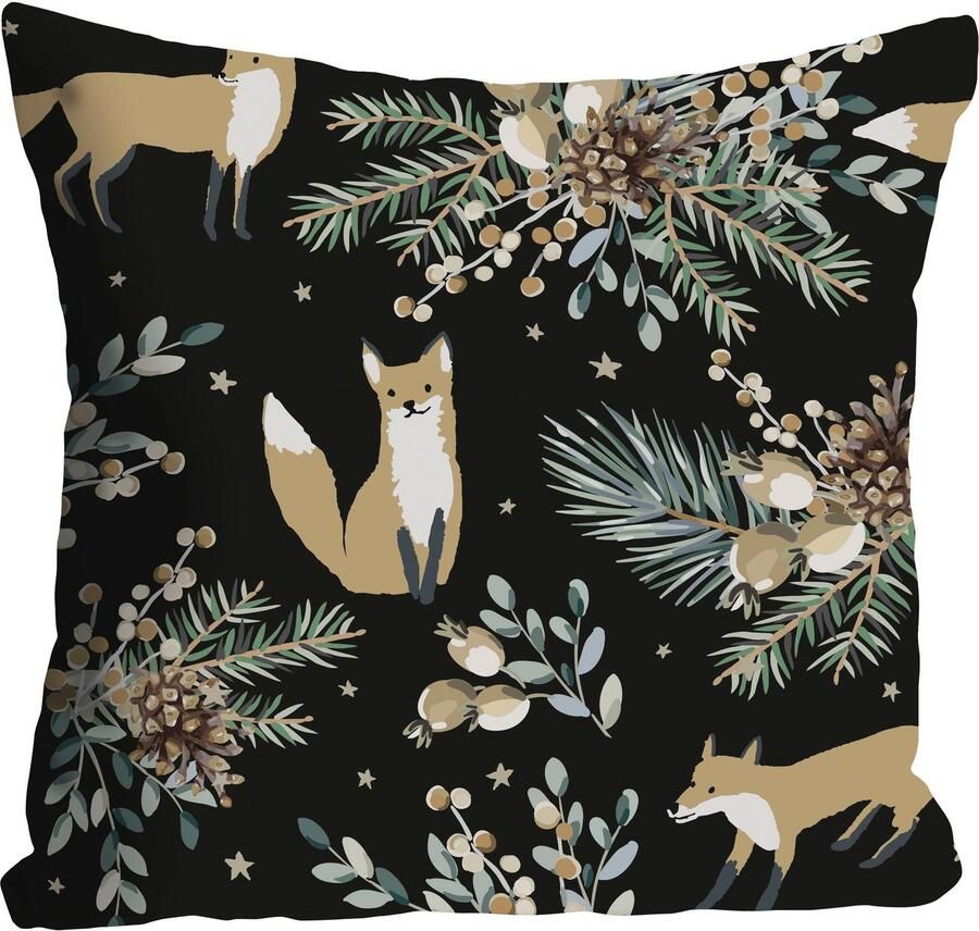 Queence Sierkussen Alice Kussenhoes vossen dier dierenmotief bloemen zwart minimalistisch natuur (1 stuk) - Foto 3