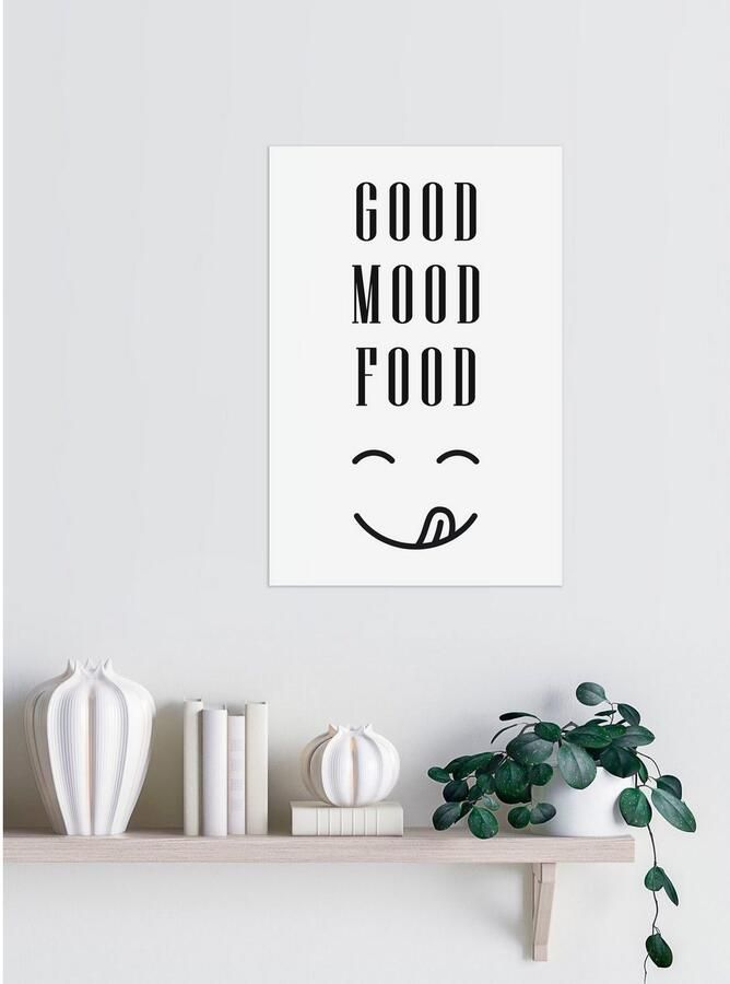 Queence Sierobject voor aan de wand GOOD MOOD FOOD Stalen bord blikken bord spreuk grappig wanddecoratie retro 20x30cm