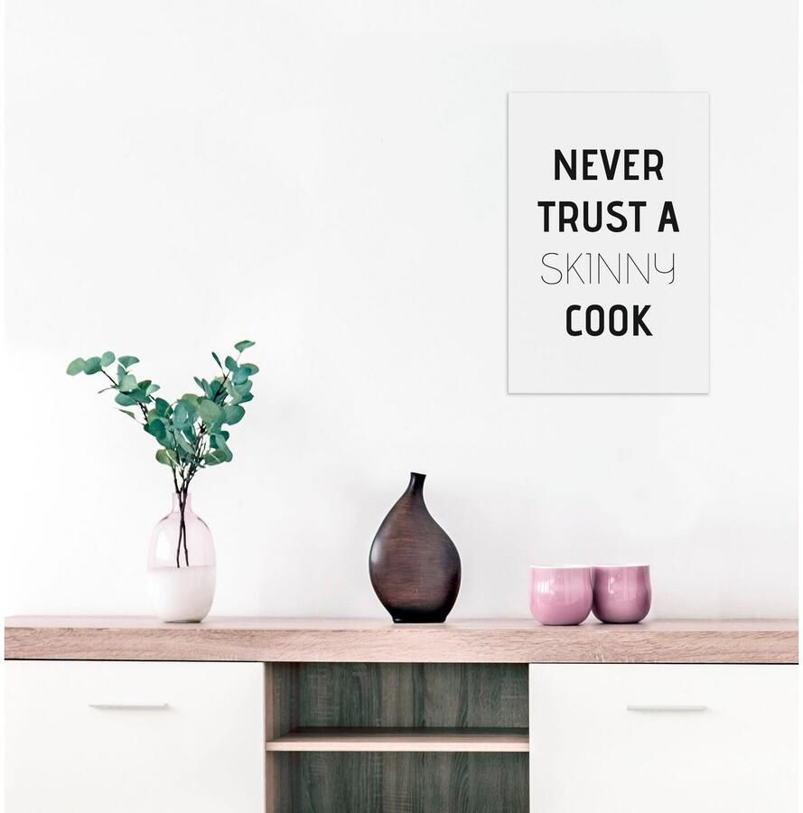 Queence Sierobject voor aan de wand Never trust a skinny cook Stalen bord blikken bord spreuk grappig wanddecoratie retro 20x30cm
