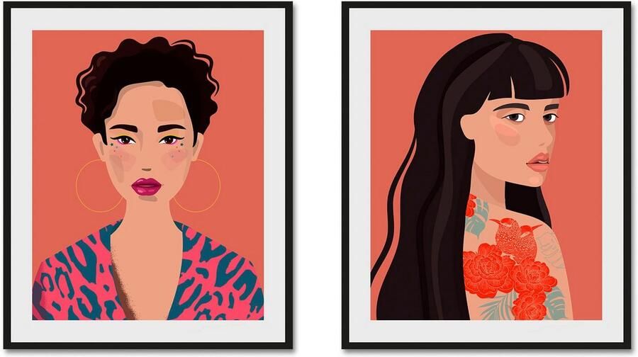 Queence Wanddecoratie Ajosch HD premium posterdruk incl. houten lijst (2 stuks) - Foto 7