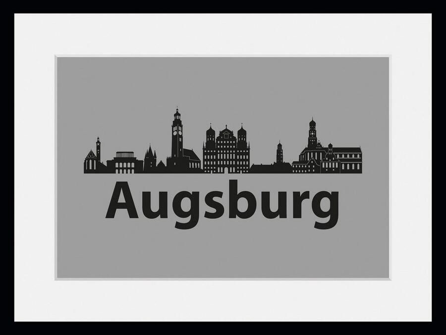 Queence Wanddecoratie Augsburg skyline HD premium posterdruk incl. houten lijst (1 stuk) - Foto 4