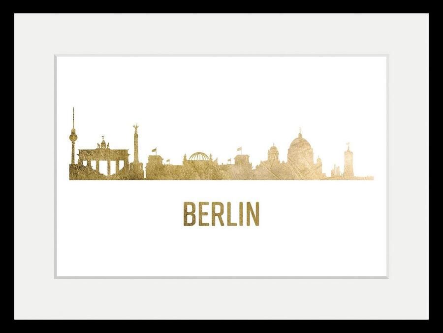 Queence Wanddecoratie Berlijn Skyline GOLD HD premium posterdruk incl. houten lijst (1 stuk) - Foto 3