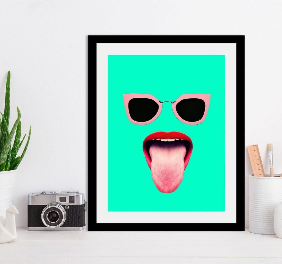 Queence Wanddecoratie Bril + mond HD premium posterdruk incl. houten lijst - Foto 2