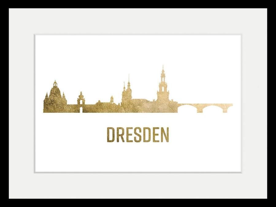 Queence Wanddecoratie Dresden skyline GOLD HD premium posterdruk incl. houten lijst (1 stuk) - Foto 3
