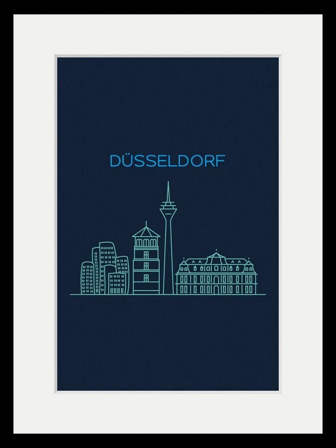 Queence Wanddecoratie Düsseldorf sightseeing HD premium posterdruk incl. houten lijst (1 stuk) - Foto 4