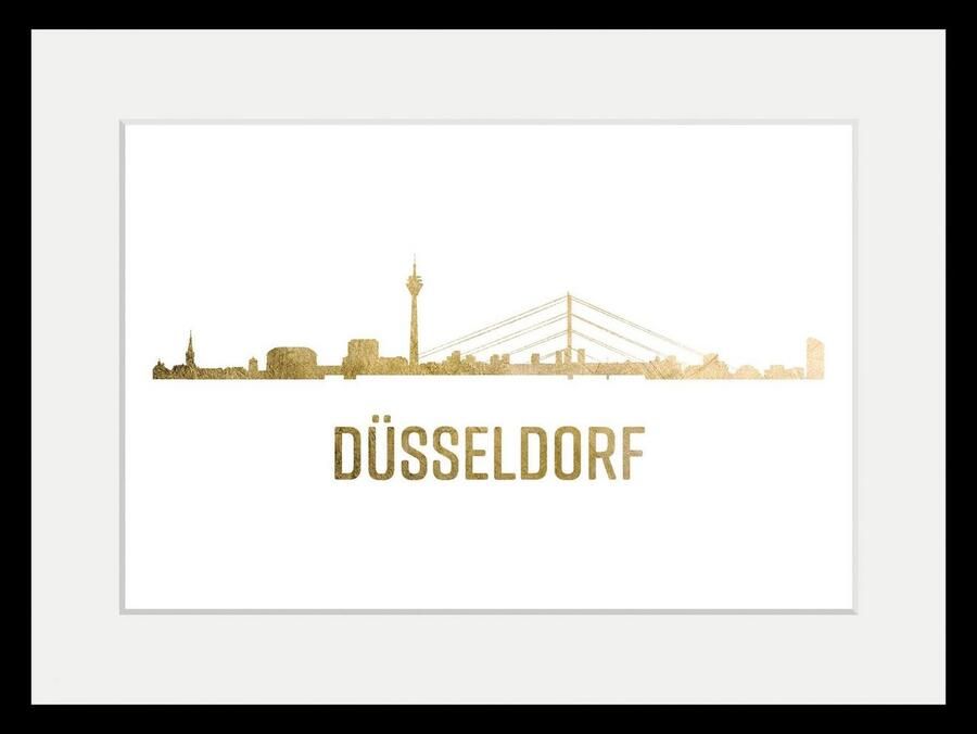 Queence Wanddecoratie Düsseldorf skyline GOLD HD premium posterdruk incl. houten lijst (1 stuk) - Foto 3