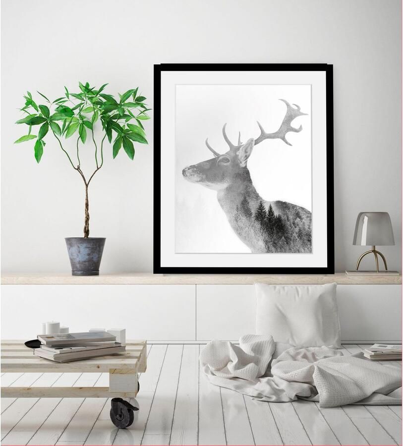 Queence Wanddecoratie Edelhert HD premium posterdruk incl. houten lijst