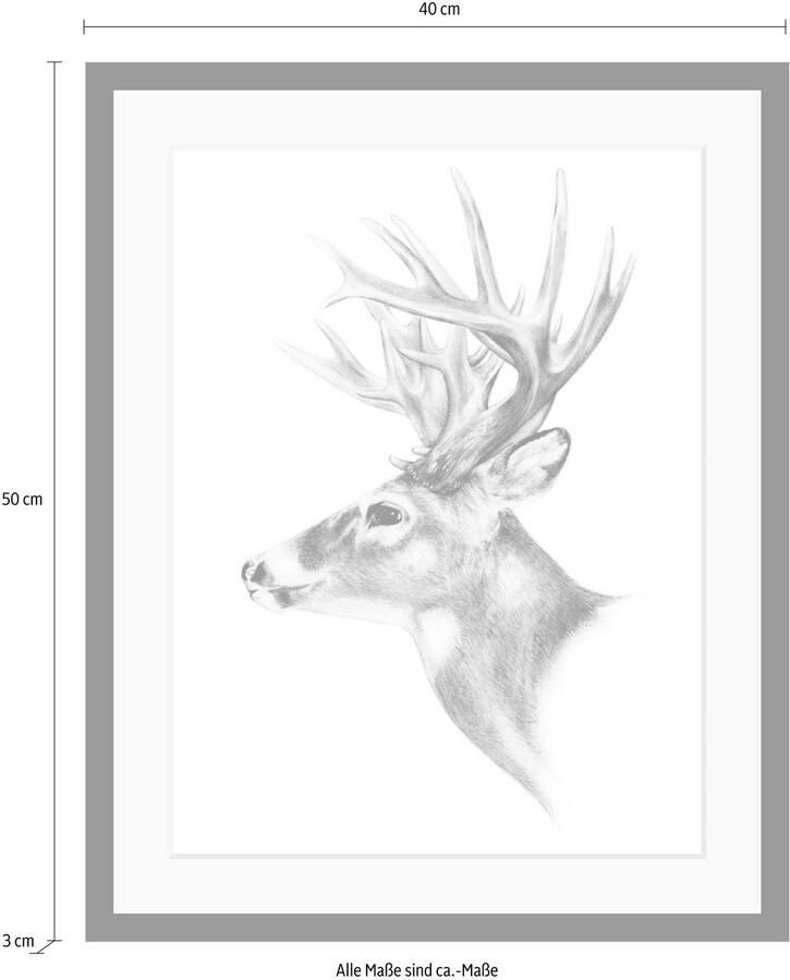 Queence Wanddecoratie Edelhert HD premium posterdruk incl. houten lijst - Foto 3