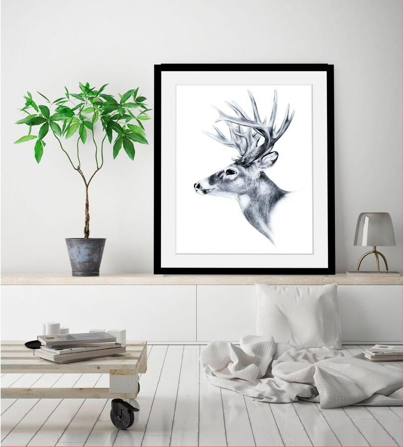 Queence Wanddecoratie Edelhert HD premium posterdruk incl. houten lijst