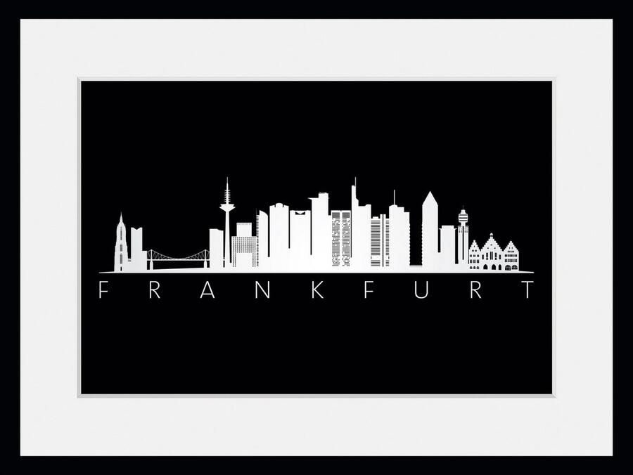 Queence Wanddecoratie Frankfurt skyline BLACK HD premium posterdruk incl. houten lijst (1 stuk) - Foto 4