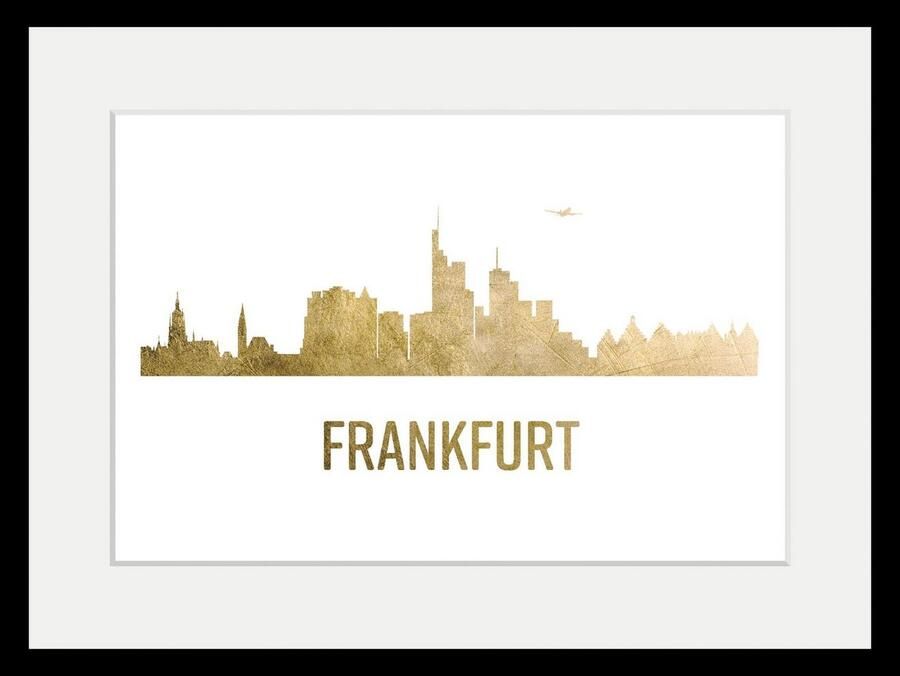 Queence Wanddecoratie Frankfurt skyline GOLD HD premium posterdruk incl. houten lijst (1 stuk) - Foto 3