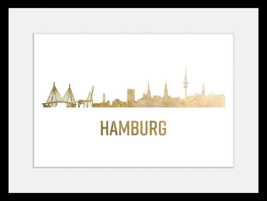 Queence Wanddecoratie Hamburg Skyline goudkleur HD premium posterdruk incl. houten lijst (1 stuk) - Foto 3
