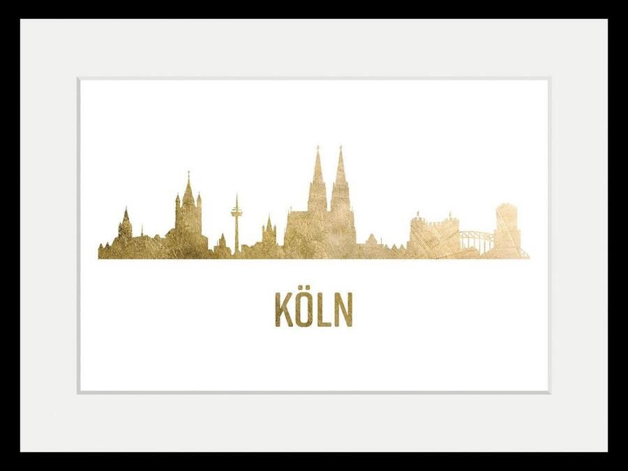 Queence Wanddecoratie Keulen Skyline goudkleur HD premium posterdruk incl. houten lijst (1 stuk) - Foto 3