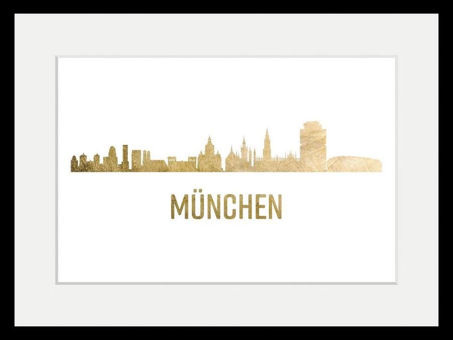 Queence Wanddecoratie München Skyline goudkleur HD premium posterdruk incl. houten lijst (1 stuk) - Foto 3