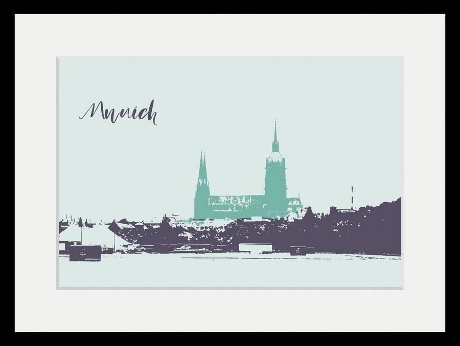 Queence Wanddecoratie Munich tekening HD premium posterdruk incl. houten lijst (1 stuk) - Foto 4
