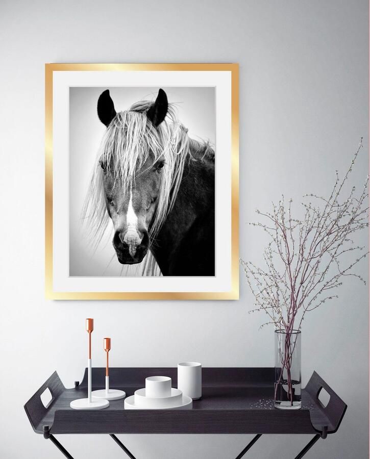 Queence Wanddecoratie Paardenkop HD premium posterdruk incl. houten lijst in zwart - Foto 3