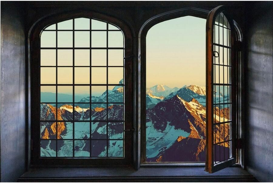 Queence Wandfolie Bergen Muursticker muurdecoratie zelfklevend 3D raam - Foto 3