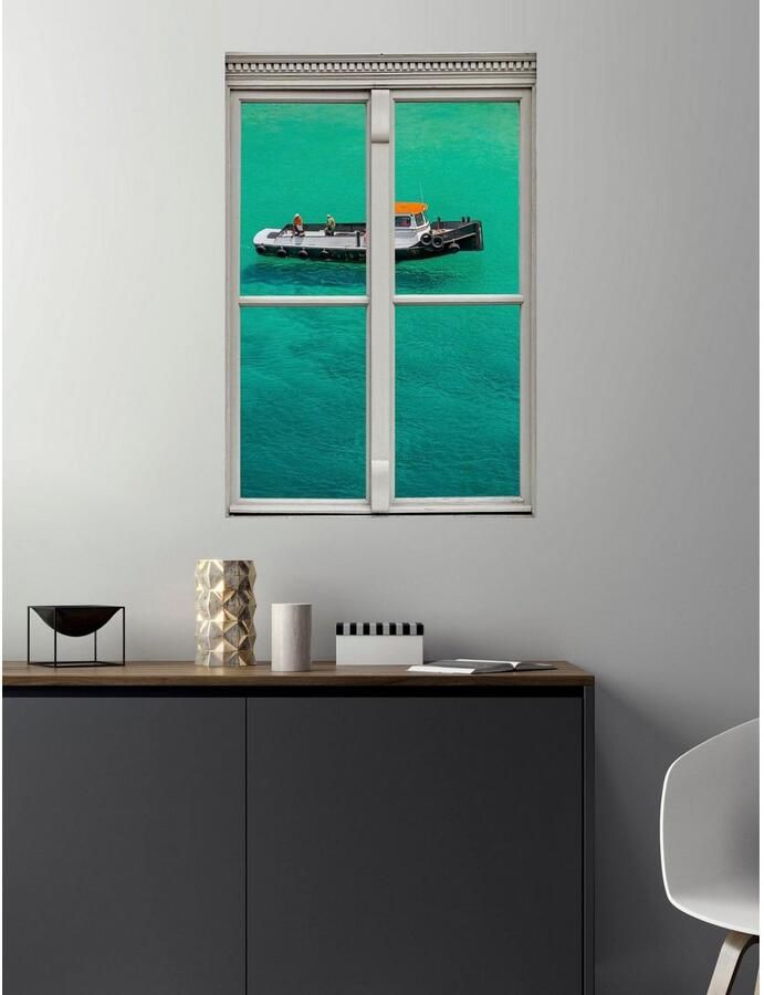 Queence Wandfolie Boot in de zee Muursticker muurdecoratie zelfklevend 3D raam