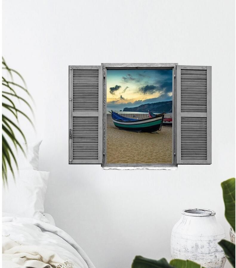 Queence Wandfolie Boten aan het strand Muursticker muurdecoratie zelfklevend 3D raam (1 stuk)