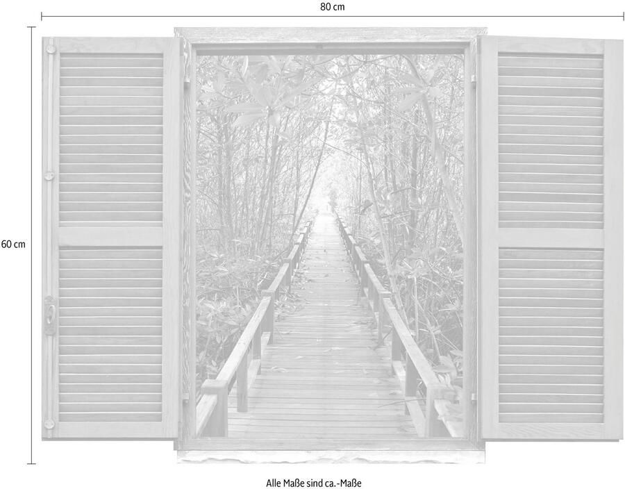 Queence Wandfolie Brug in het bos Muursticker muurdecoratie zelfklevend 3D raam (1 stuk)