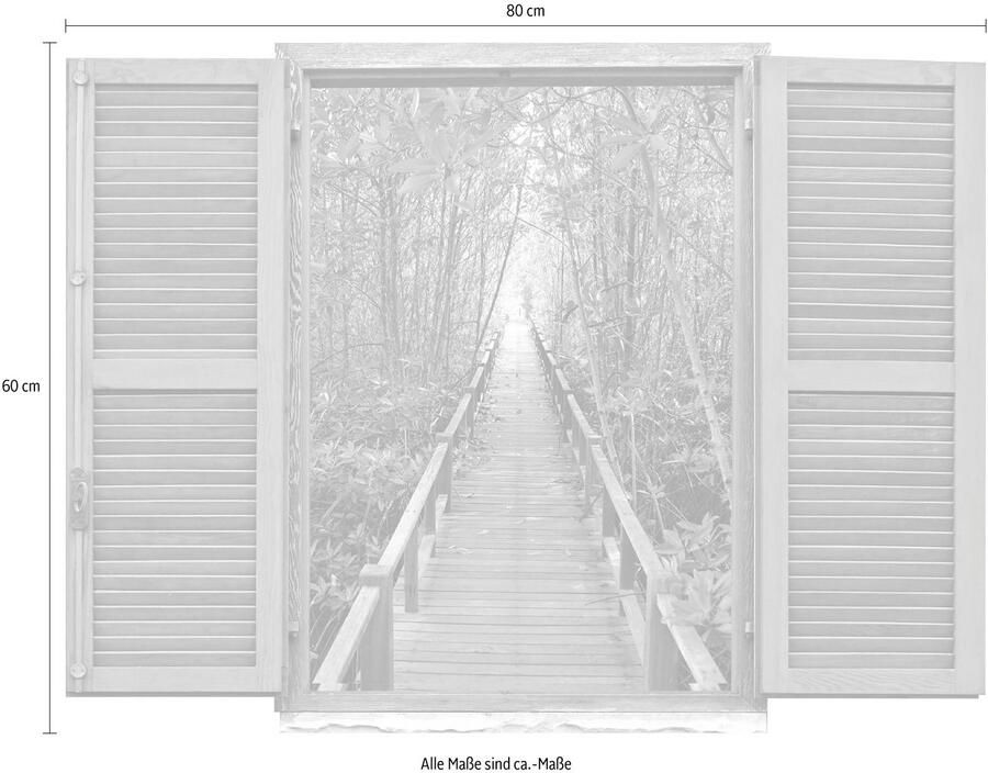 Queence Wandfolie Brug in het bos Muursticker muurdecoratie zelfklevend 3D raam (1 stuk) - Foto 2