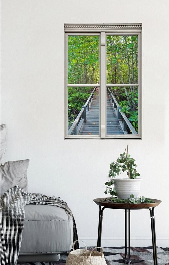 Queence Wandfolie Brug in het bos Muursticker muurdecoratie zelfklevend 3D raam - Foto 2