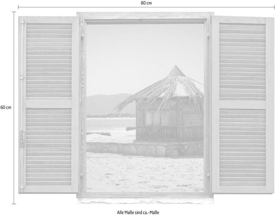 Queence Wandfolie Hut aan de zee Muursticker muurdecoratie zelfklevend 3D raam (1 stuk)