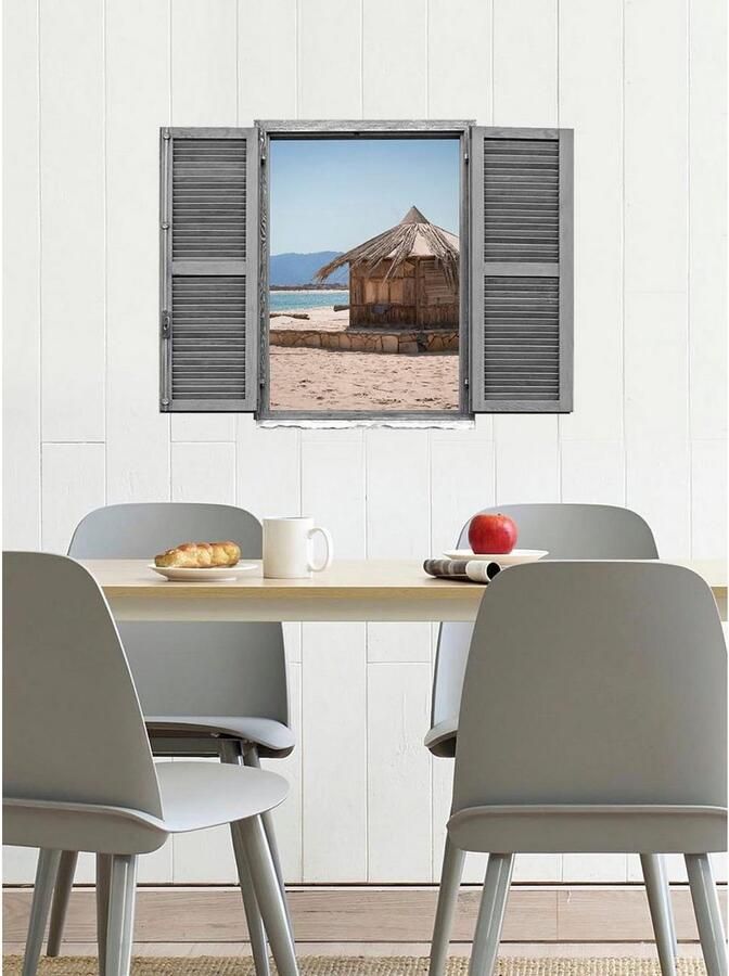 Queence Wandfolie Hut aan de zee Muursticker muurdecoratie zelfklevend 3D raam (1 stuk) - Foto 2