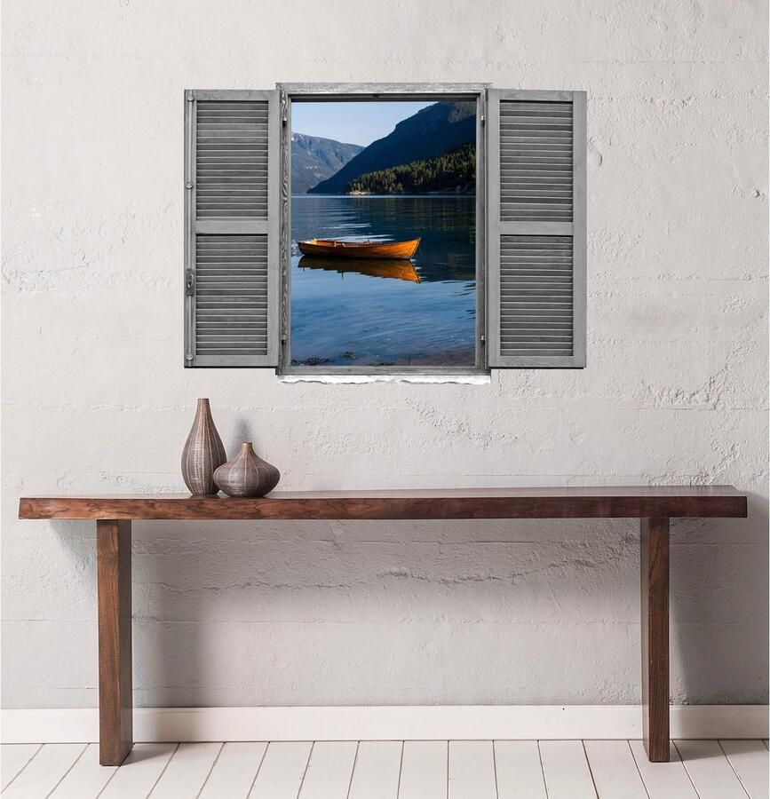 Queence Wandfolie Meer met boot Muursticker muurdecoratie zelfklevend 3D raam (1 stuk)