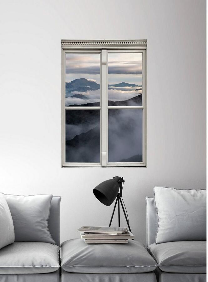Queence Wandfolie Nevelige bergen Muursticker muurdecoratie zelfklevend 3D raam
