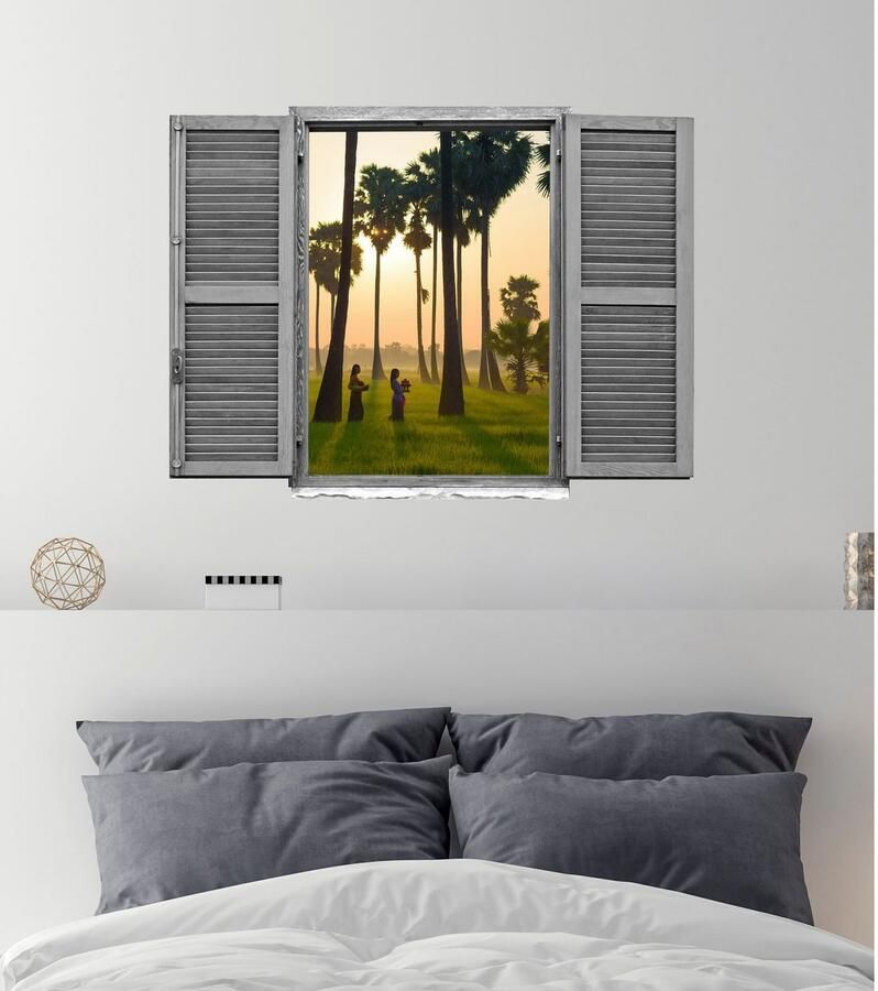 Queence Wandfolie Open plek bij zonsondergang Muursticker muurdecoratie zelfklevend 3D raam (1 stuk)