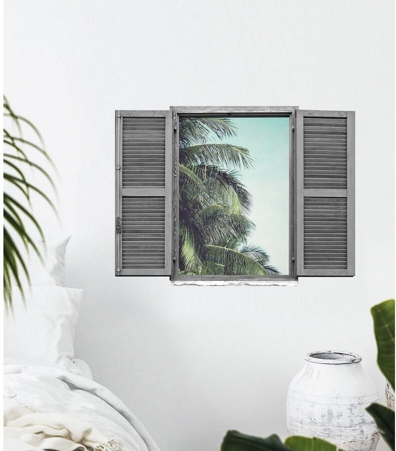 Queence Wandfolie Palmbladeren Muursticker muurdecoratie zelfklevend 3D raam (1 stuk) - Foto 2